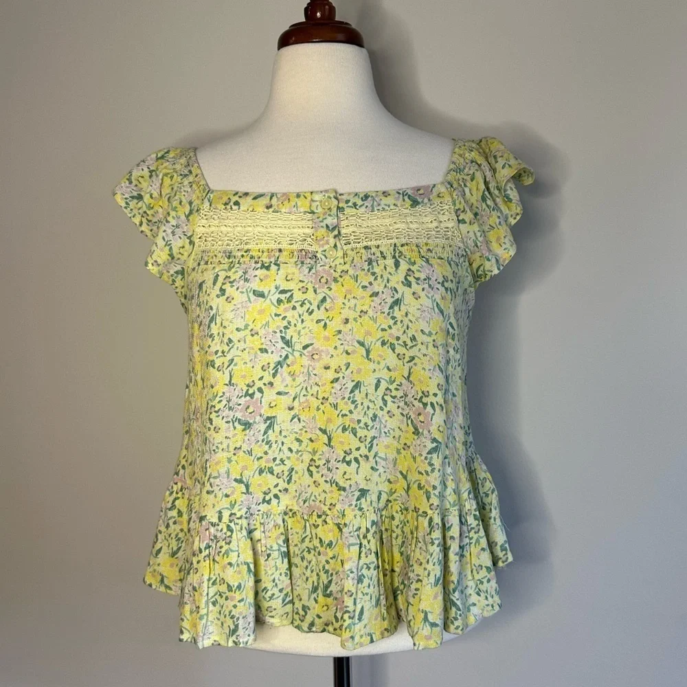 Lucky Brand Blouse Boho Floral Flutter Sleeve Yellow, Size S, EUC - Picture 1 of 5